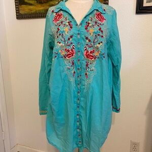 Johnny Was Turquoise Embroidered Tunic with Red Floral Details